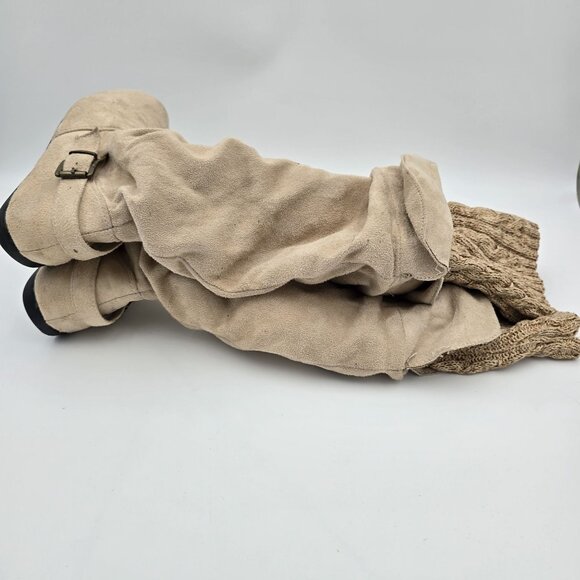 Tan Faux Suede Slouch Knee High Boots With Knit Cuffs Buckle Strap Detail Casual - Picture 3 of 9